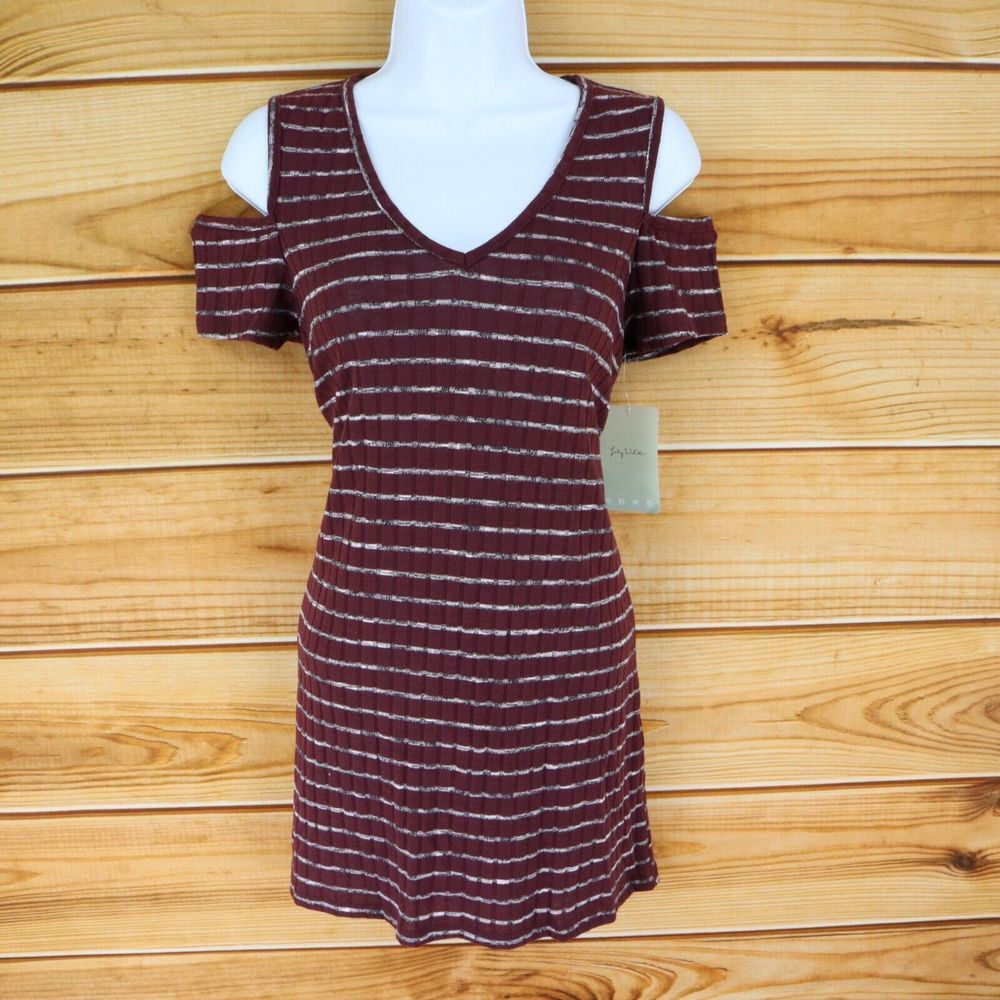 Lily White Short Dress Cold Shoulder‎ Womens M Maroon Striped Stretch V-Neck NWT